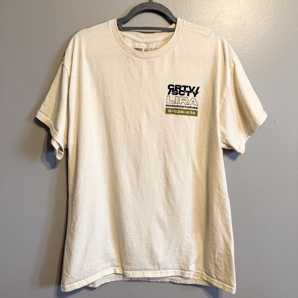 Virtue Graphic Society Lira Manufacturing T Shirt Cream Cotton Tee Size L